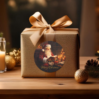 Sticker Rond Père Noël vintage Lecture d'un livre