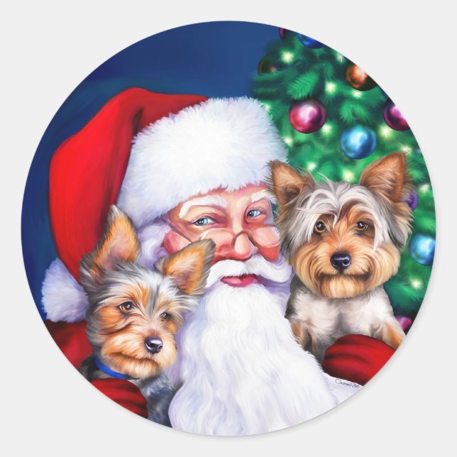 Sticker Rond Père Noël Yorkies à Noël (Devant)