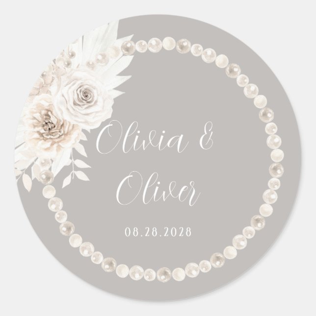 Sticker Rond Perles blanches beige gris Mariage Floral (Devant)