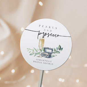 Sticker Rond Perles et Prosecco Élégante Fête de Mariage en Or