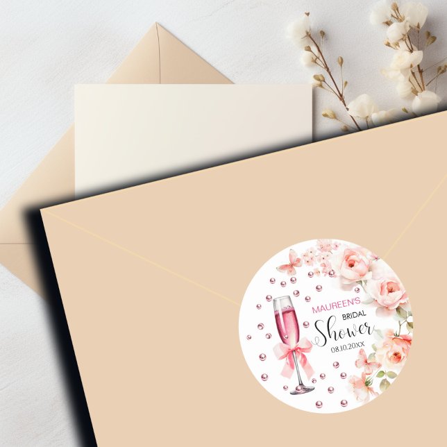 Sticker Rond Perles et Prosecco Roses Rose Poussiéreuses Mariag (Créateur téléchargé)