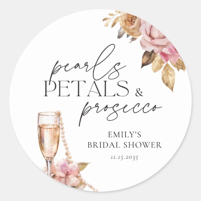 Sticker Rond Perles Pétales & Prosecco Fleurs Mariage Shower (Devant)