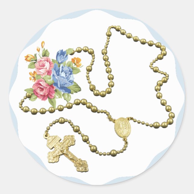 Sticker Rond Perles Rosaires Argent Fleurs Roses (Devant)