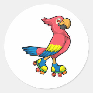 Sticker Rond Perroquet comme patineur avec patins à rouleaux