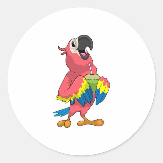 Sticker Rond Perroquet et noix de coco avec paille à boire (Devant)