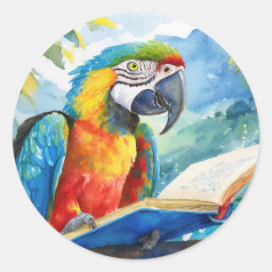 Sticker Rond Perroquet Sobre Lecture du Grand Livre de Réadapta