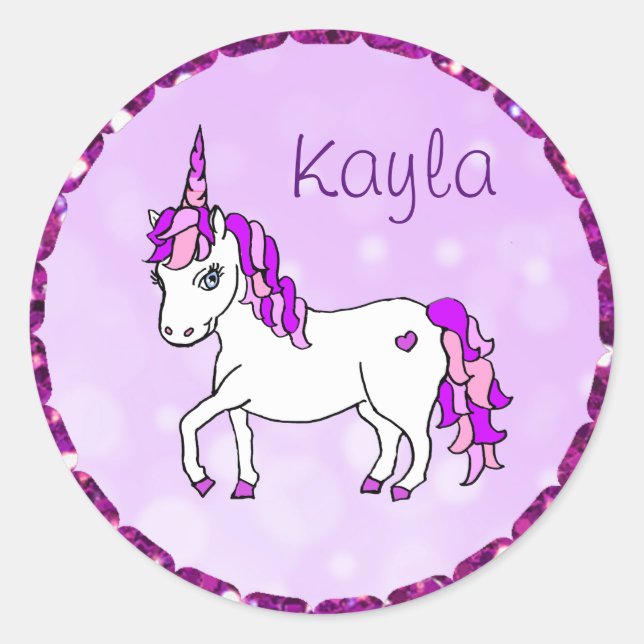 Sticker Rond Personalisé Purple Rainbow Horned Unicorn Heart (Devant)