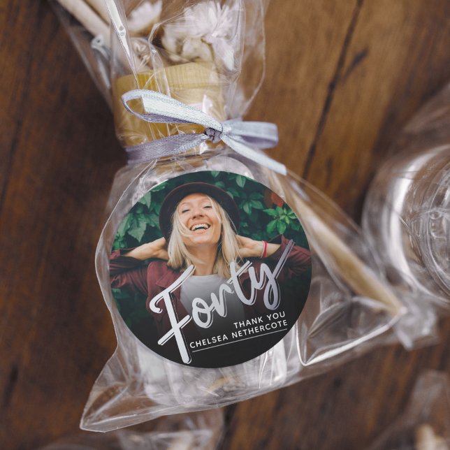 Sticker Rond Personalized 40th Birthday Photo Forty Silver (Créateur téléchargé)