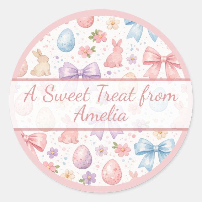 Sticker Rond Personalized Coquette Bunny & Pink Bow Easter (Devant)