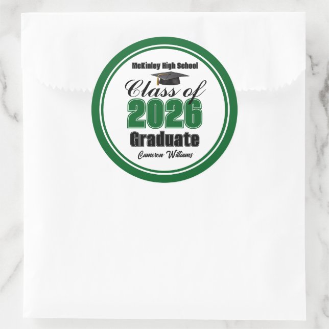Sticker Rond Personalized Green Class of 2026 Graduation Party (Sac)