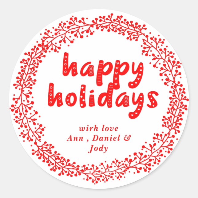 Sticker Rond Personalized Happy Holidays Wreath Red and White (Devant)