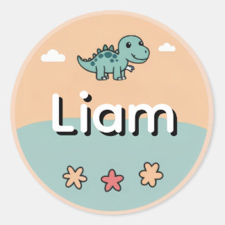 Sticker Rond Personalized Kids Name Sticker– Cute Dinosaur