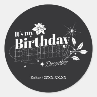 Sticker Rond Personalized Modern Black Floral December Birthday