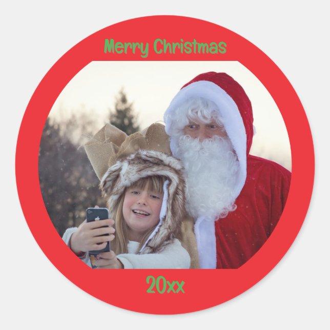Sticker Rond Personalized Photo Two Lines Text Merry Christmas (Devant)