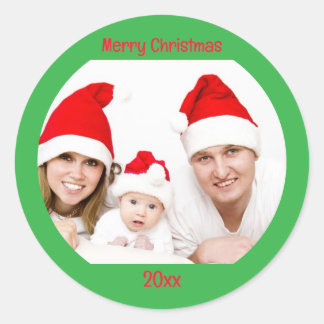 Sticker Rond Personalized Photo Two Lines Text Merry Christmas