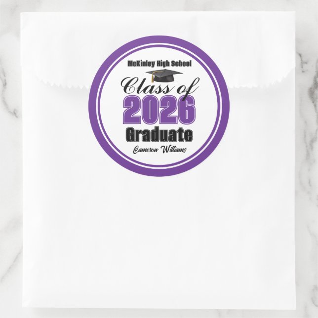 Sticker Rond Personalized Purple Class of 2026 Graduation Party (Sac)