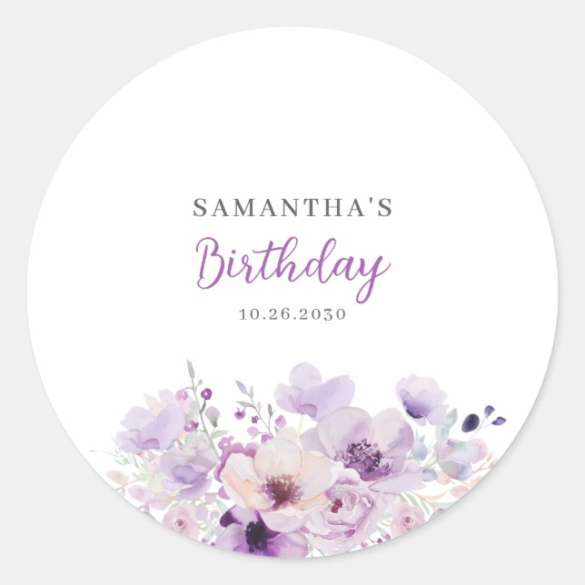 Sticker Rond Personalized Purple Floral Birthday  (Devant)