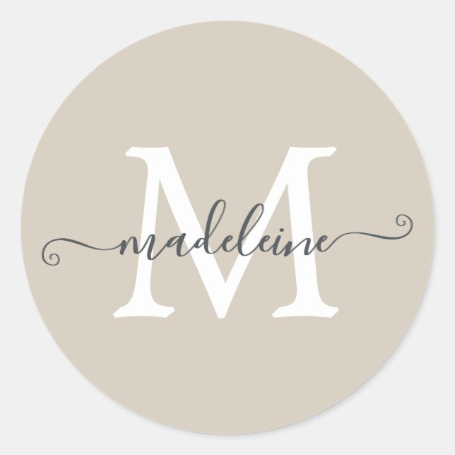 Sticker Rond Personalized Script Name Monogram Warm Beige (Devant)