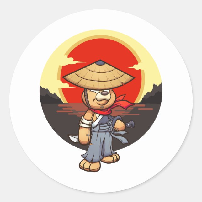 Sticker Rond personnage de l'ours en peluche samouraï au couche (Devant)
