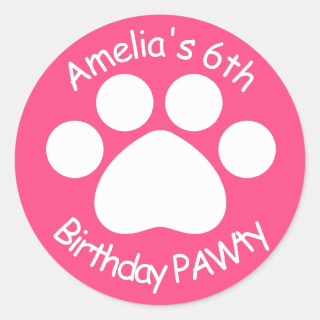 Sticker Rond Personnalisable Anniversaire PAWty - Rose (Devant)