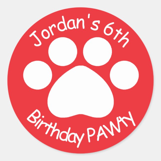 Sticker Rond Personnalisable Anniversaire PAWty - Rouge (Devant)