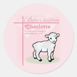 Sticker Rond Personnalisable, Baptême, Rose, Fille, Agneau