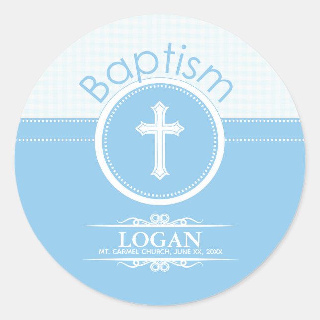 Sticker Rond Personnalisable, Enfant Garçon Bleu de Dieu Baptêm (Devant)