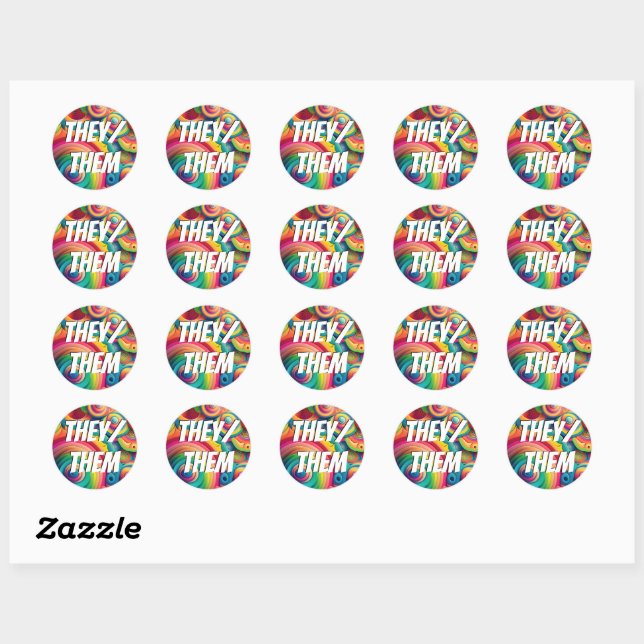Sticker Rond Personnalisables, Elle/Elle, Rainbow Pronounes (Feuille)