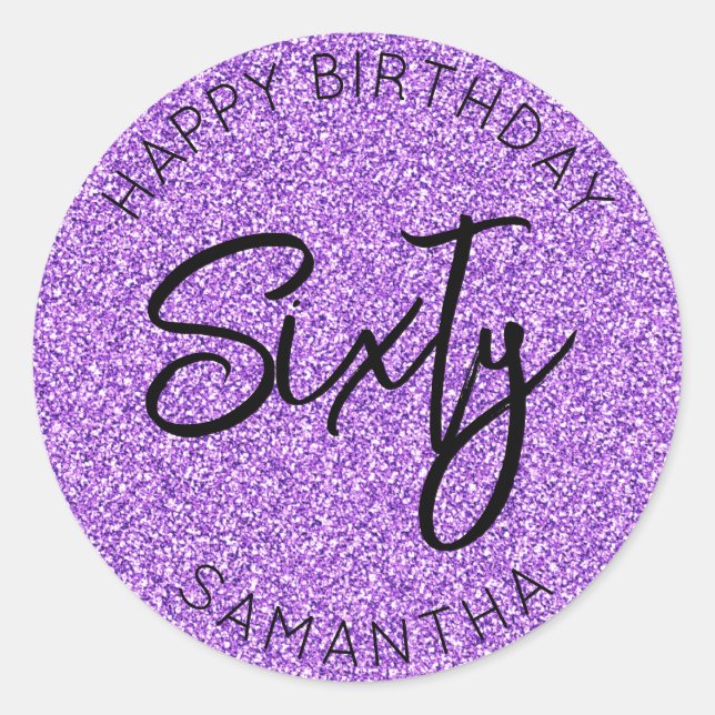Sticker Rond Personnalisé 60e anniversaire Purple Parties scint (Devant)