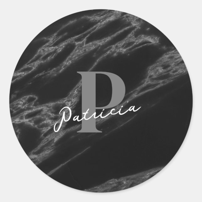 Sticker Rond Personnalisé avec le nom Marbre initial Noir (Devant)