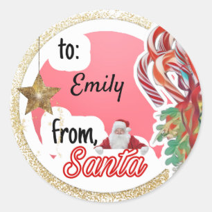 Sticker Rond Personnalisé de Noël d'étoile rose Père Noël