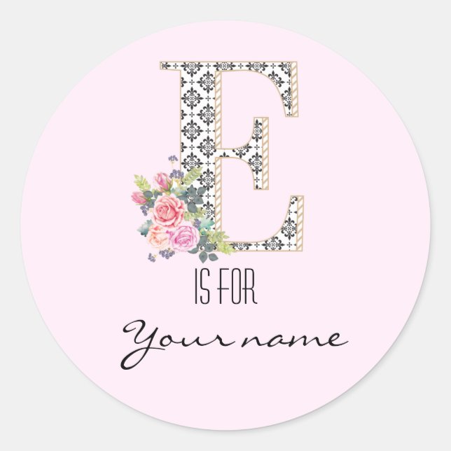 Sticker Rond Personnalisé E Nom Floral Fleur rose Lettre E Mode (Devant)
