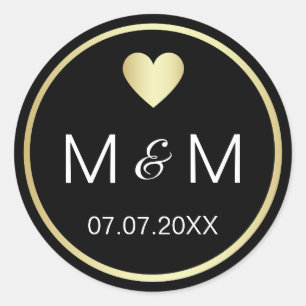 Sticker Rond Personnalisé Elegant Black Gold & Heart Mariage