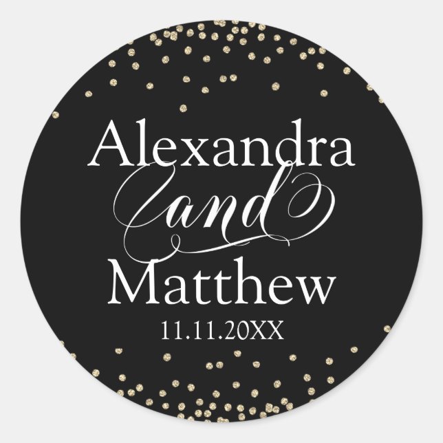Sticker Rond Personnalisé Elegant Black Gold Mariage (Devant)