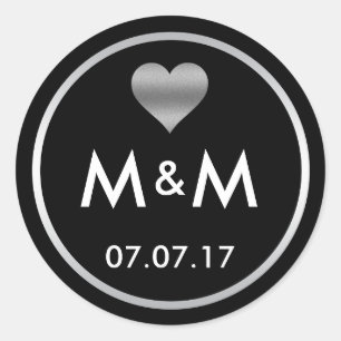 Sticker Rond Personnalisé Elegant Noir Mariage Coeur Argent