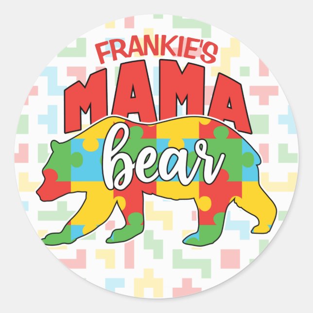 Sticker Rond Personnalisé Enfants NOM Mama Ours Sensibilisation (Devant)