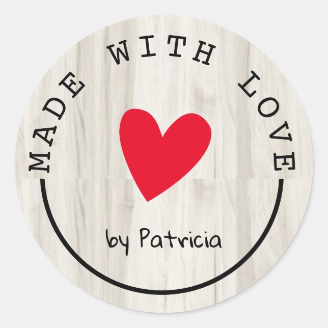 Sticker Rond Personnalisé Fabriqué Avec Amour Coeur Rouge Bois  (Devant)