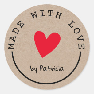 Sticker Rond Personnalisé Fabriqué Avec Amour Rouge Coeur Kraft