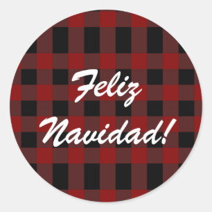 Sticker Rond Personnalisé Feliz Navidad Christmas Red Plaid Esp
