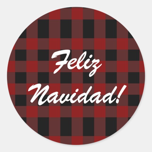 Sticker Rond Personnalisé Feliz Navidad Christmas Red Plaid Esp (Devant)