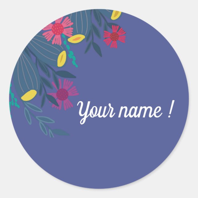 Sticker Rond Personnalisé floral élégant bleu simple nom (Devant)