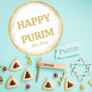 Sticker Rond Personnalisé Happy Purim Gold Parties scintillant 