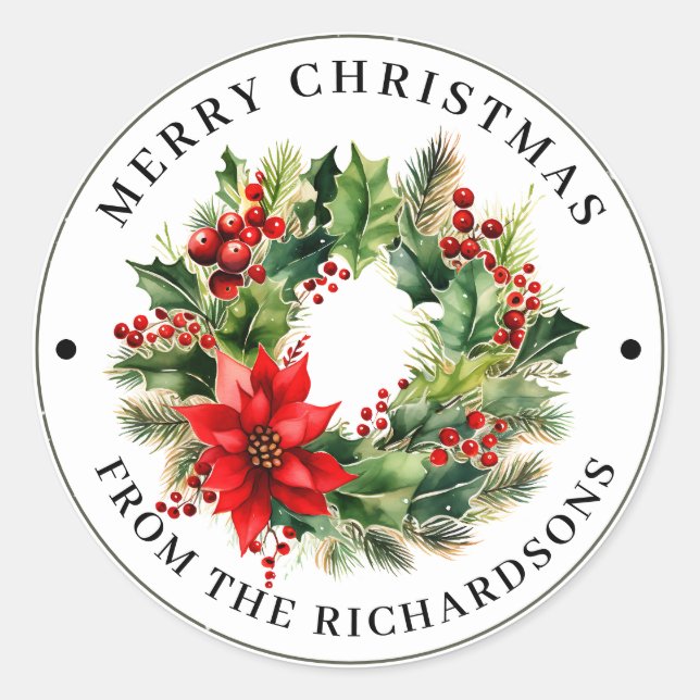Sticker Rond Personnalisé, Joyeux Noël traditionnel Wreath (Devant)