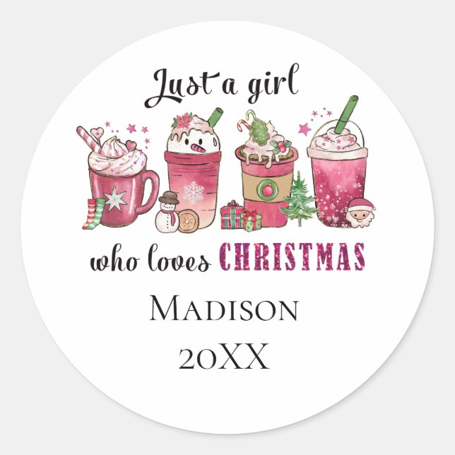 Sticker Rond Personnalisé Juste Fille Qui Aime Noël Tendance (Devant)