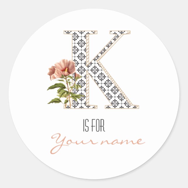 Sticker Rond Personnalisé K Nom Floral Flower Classic Lettre K  (Devant)