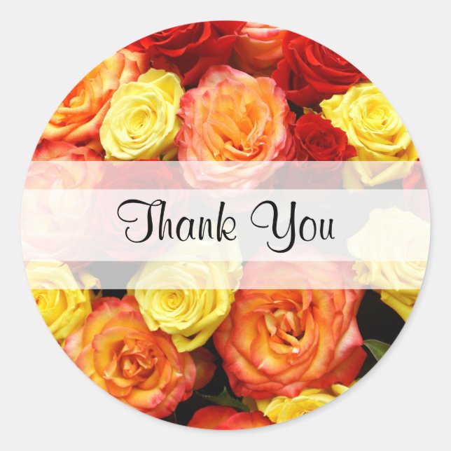 Sticker Rond Personnalisé "Merci" Rose jaune/rouge/orange (Devant)