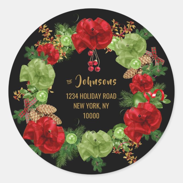 Sticker Rond Personnalisé MERRY CHRISTMAS Wreath Black Adresse  (Devant)