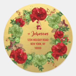 Sticker Rond Personnalisé MERRY CHRISTMAS Wreath OR Adresse de