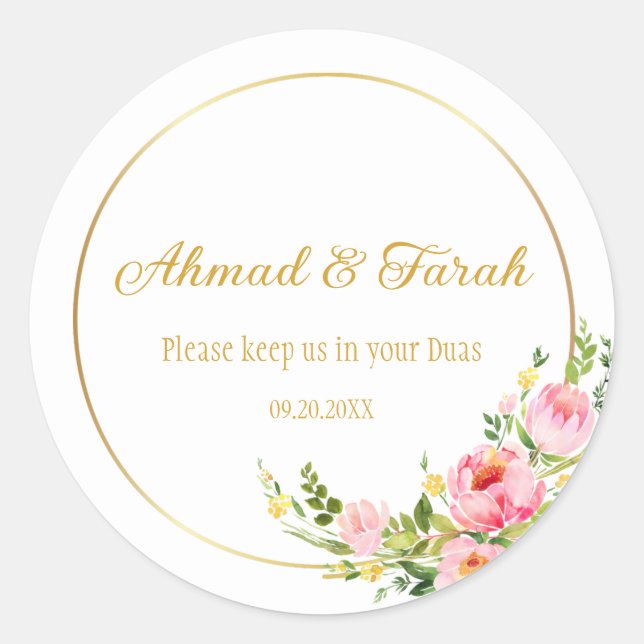Sticker Rond Personnalisé Nikkah Shaadi Mariage islamique Flora (Devant)