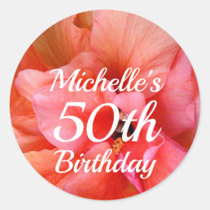 Sticker Rond Personnalisé Nom 50e anniversaire Orange rose Flow